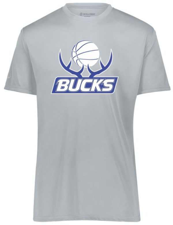 Gray Bucks Basketball Momentum t-shirt 222818 featuring the Milwaukee Bucks logo with a basketball and antlers graphic in blue and white.