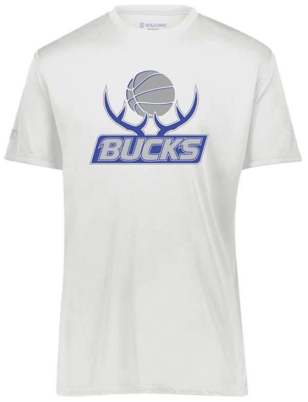 White Bucks Basketball Momentum t-shirt 222818 featuring a basketball and antlers graphic in blue and silver.