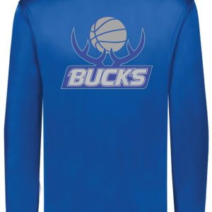 Blue long-sleeve Bucks Basketball shooting shirt with a basketball and antlers logo and the word "bucks" printed across the chest.