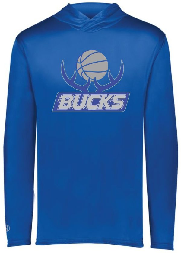 Blue long-sleeve Bucks Basketball shooting shirt with a basketball and antlers logo and the word "bucks" printed across the chest.