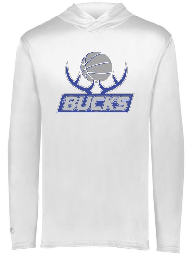 White Bucks Basketball long sleeve shooting shirt 222831 with a Milwaukee Bucks logo featuring a basketball and antlers on the front.