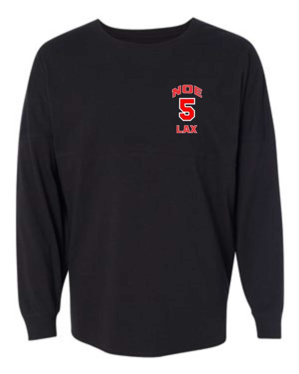 Black long sleeve shirt with "Noe 5 LAX" on it.