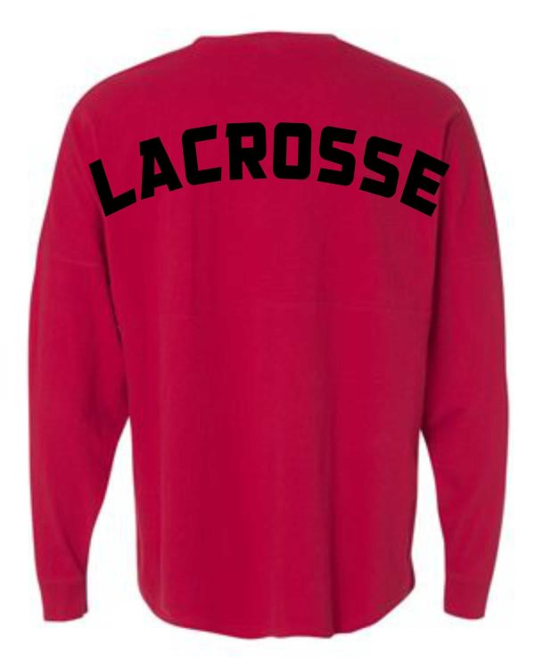 Red lacrosse jersey with black lettering.