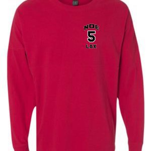 Red long-sleeved shirt with "Noe 5 LAX"