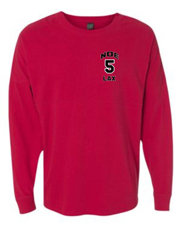 Red long-sleeved shirt with "Noe 5 LAX"