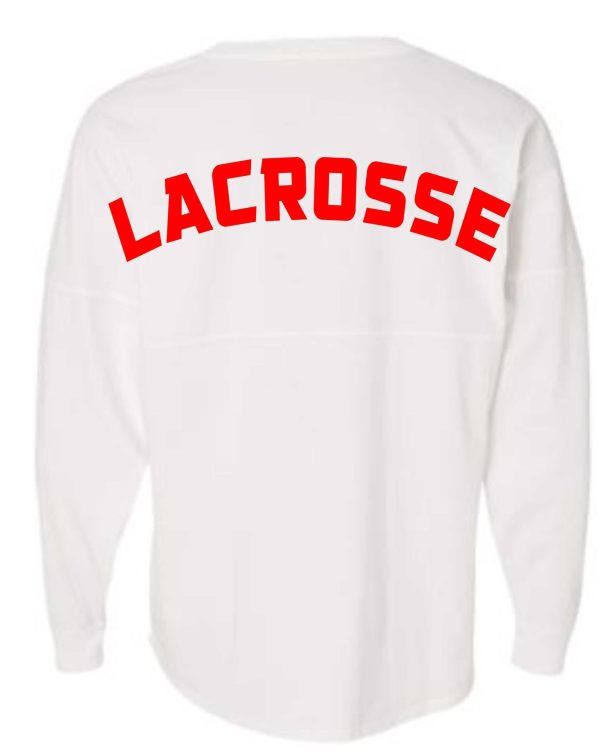 White lacrosse jersey with red lettering.