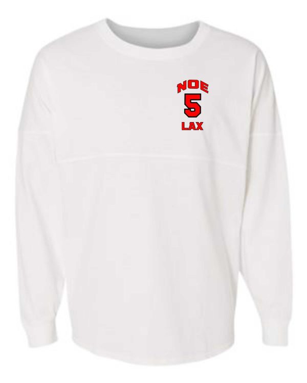 White long-sleeve shirt with red "Noe 5 LAX" logo.