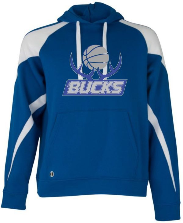 Blue and white hooded sweatshirt featuring the Bucks Basketball Prospect Hoodie 229546 logo with a basketball graphic.