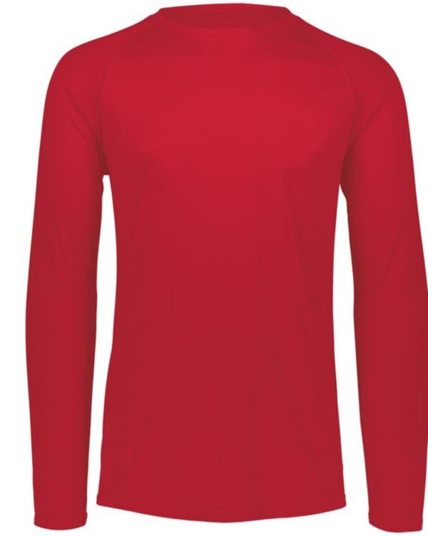 Red long-sleeve shirt with crew neck.