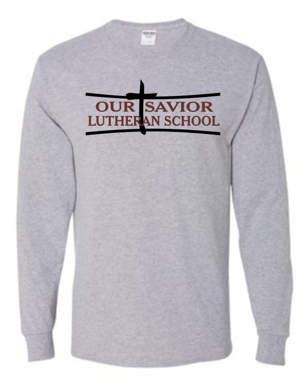 Gray OSLS adult sized long-sleeve t-shirt with "our savior lutheran school" and a cross graphic printed in black on the chest.