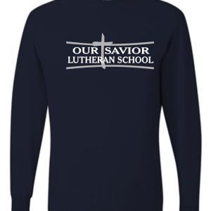 OSLS youth sized long sleeve t shirt 29BL with "our savior lutheran school" printed in white across the chest, featuring a cross image above the text.