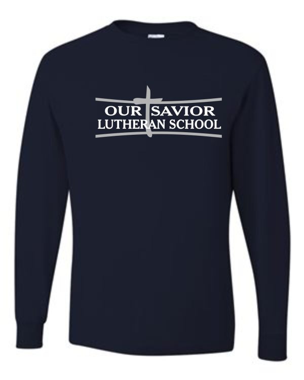 OSLS youth sized long sleeve t shirt 29BL with "our savior lutheran school" printed in white across the chest, featuring a cross image above the text.