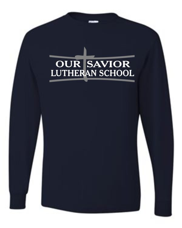 A navy blue long-sleeved shirt with "OSLS adult sized long sleeve t shirt 29LS" text in white centered on the chest.