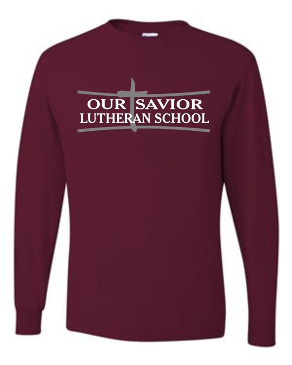 A long-sleeve, maroon OSLS adult sized long sleeve t shirt 29LS with "our savior lutheran school" printed in white across the chest, featuring a small white cross above the text.