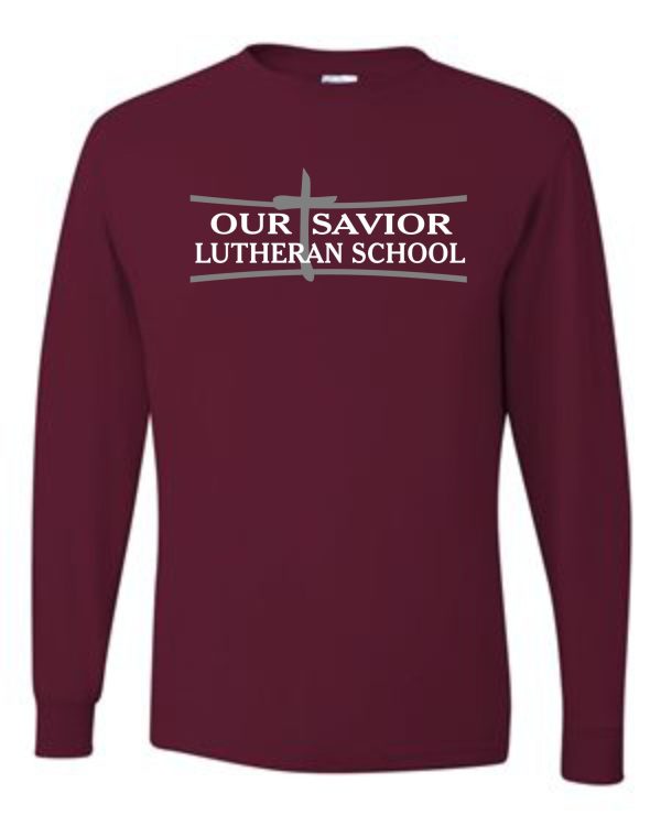 Maroon OSLS youth sized long sleeve t-shirt with "our savior lutheran school" text in white across the chest.