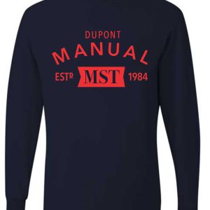 Navy blue long-sleeved shirt with red logo.