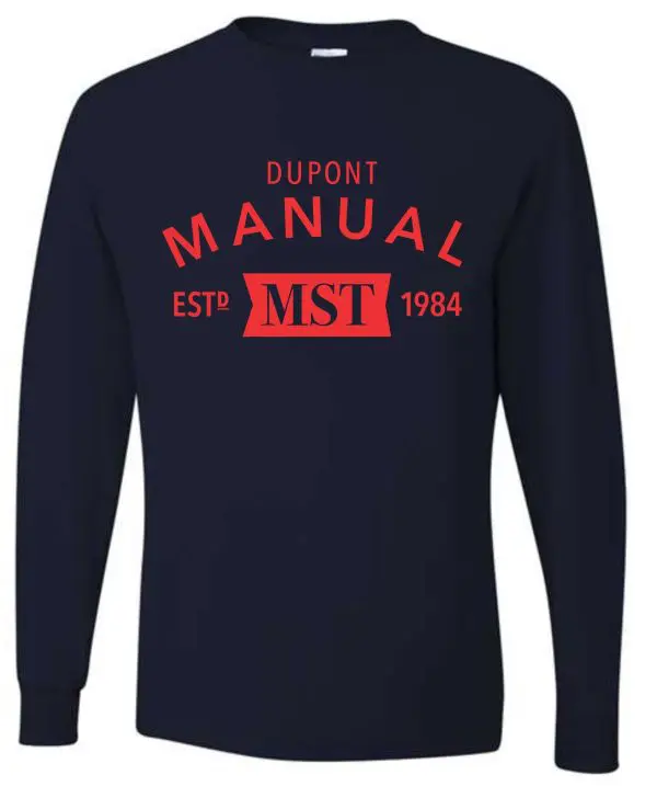 Navy blue long-sleeved shirt with red logo.