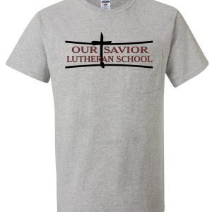 OSLS adult sized short sleeve t-shirt 29M with "our savior lutheran school" printed in black, featuring a cross design within the text.