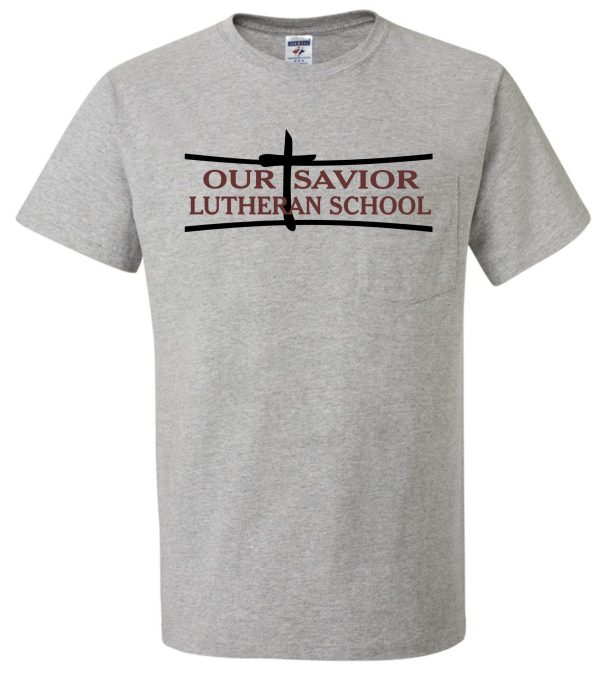 OSLS adult sized short sleeve t-shirt 29M with "our savior lutheran school" printed in black, featuring a cross design within the text.