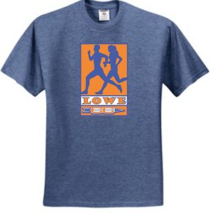 Lowe XC Heather Blue T shirt 29M featuring a graphic of two running silhouettes with the word "love" below in orange and white colors.