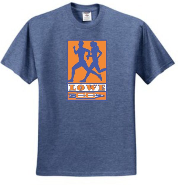 Lowe XC Heather Blue T shirt 29M featuring a graphic of two running silhouettes with the word "love" below in orange and white colors.