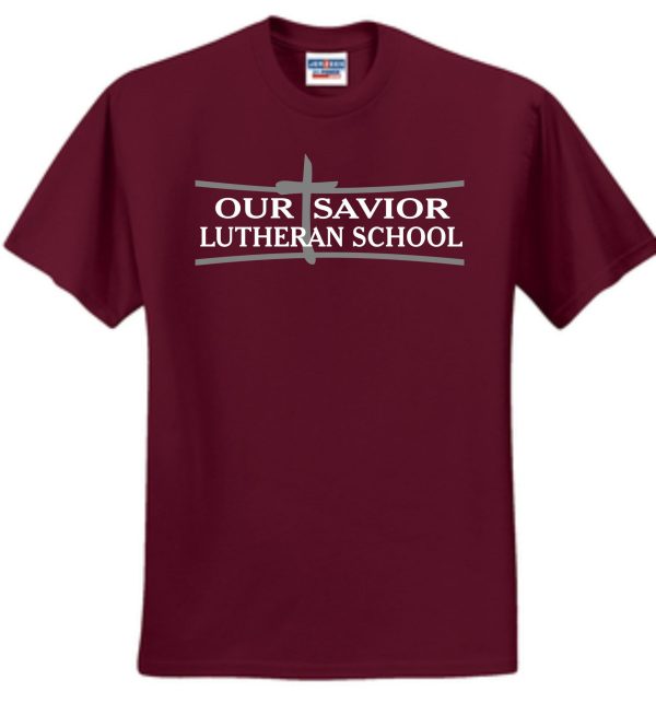 A maroon OSLS adult sized short sleeve t-shirt with "our savior lutheran school" printed in white capital letters across the chest.