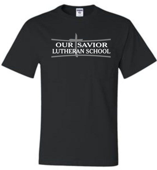 OSLS adult sized short sleeve t shirt 29M with "our savior lutheran school" text and a cross logo on the front.