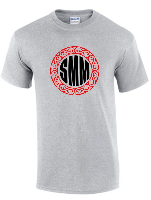 Bella Canvas Youth 3 letter short sleeve TriBlend T shirt 3413Y with a black and red circular logo featuring the initials "smm" in the center.