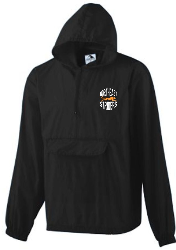 Black hooded jacket with Northeast Striders logo.