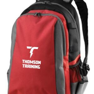 Red and gray backpack with Thomson Training logo.