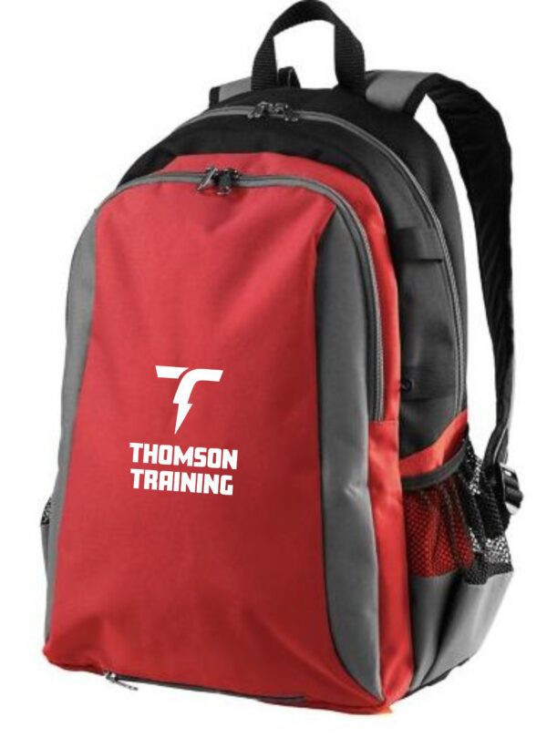 Red and gray backpack with Thomson Training logo.