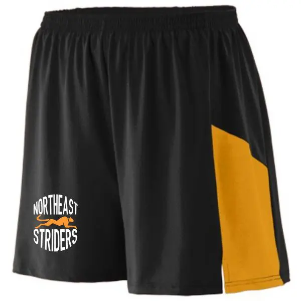 Black and yellow NE Striders Boys Track shorts Aug 336 with "northeast striders" logo on the left leg.