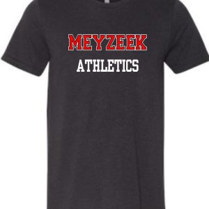 Dark gray Meyzeek Athletics TriBlend T shirt 3413 with the words "meyzeek athletics" printed in red and white block letters on the front.