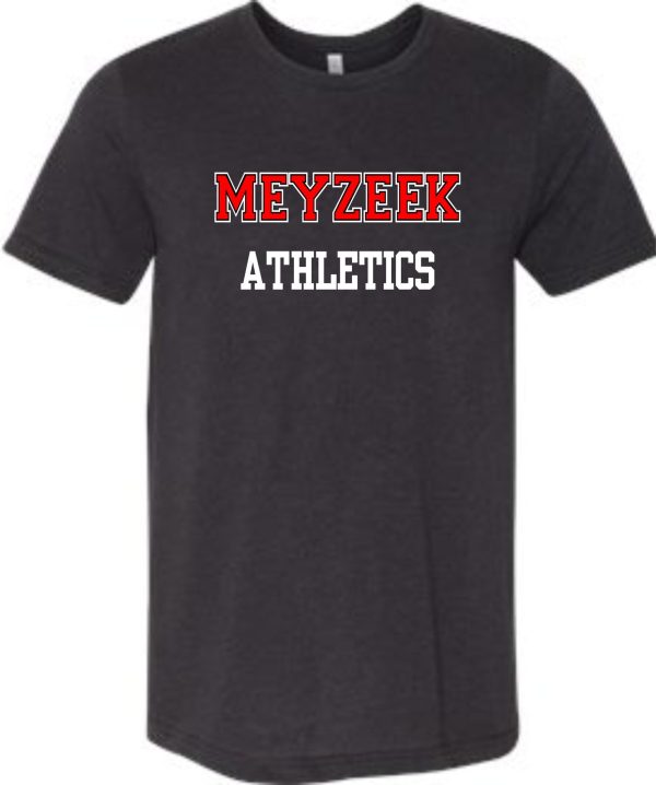 Dark gray Meyzeek Athletics TriBlend T shirt 3413 with the words "meyzeek athletics" printed in red and white block letters on the front.