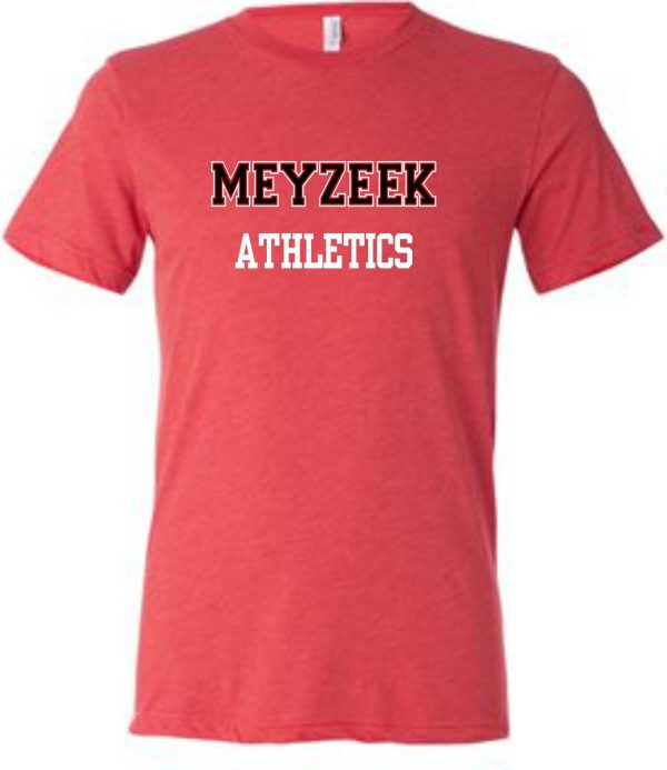 Red Meyzeek Athletics TriBlend T shirt 3413 with the words "meyzeek athletics" printed in white capital letters across the chest.