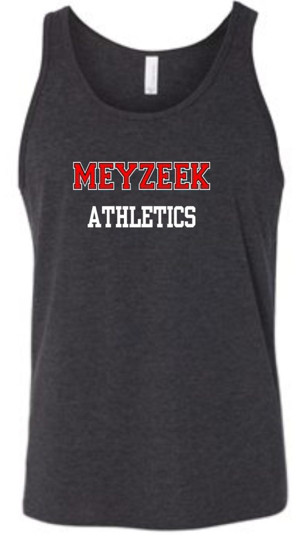 Meyzeek Athletics Tanktop Bella 3480 with the words "meyzeek athletics" in red and white block letters on the front.