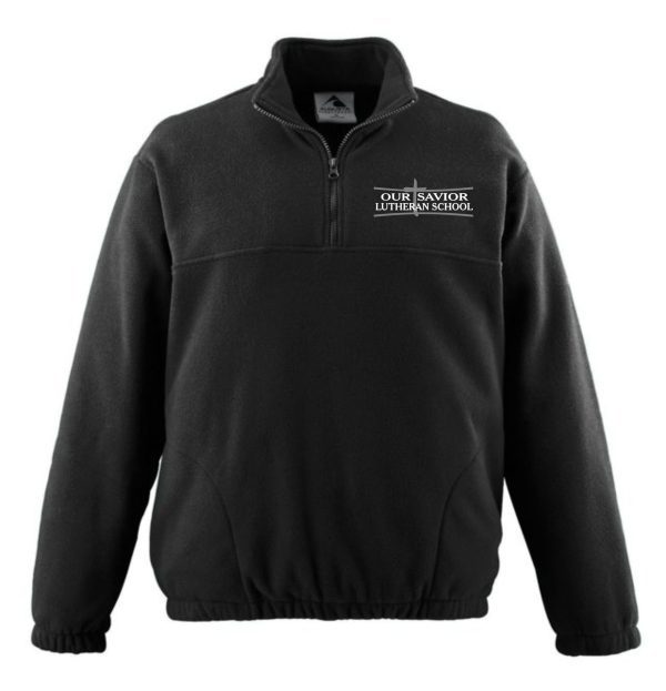 Black fleece jacket with a zipper, featuring the "OSLS adult sized mens 1/2 zip embroidered fleece pullover 3530" logo embroidered on the left chest.