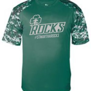 Green St Martha Camo Spirit wicking T-shirt with camo sleeves, featuring a white clover logo and the text "rocks #stmartharocks" on the front.