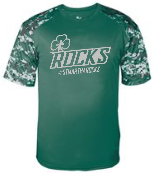 Green St Martha Camo Spirit wicking T-shirt with camo sleeves, featuring a white clover logo and the text "rocks #stmartharocks" on the front.