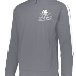 Gray quarter-zip sweatshirt featuring a white Buckner Basketball Augusta 4386 Pullover logo on the left chest and a white stripe on the right sleeve.