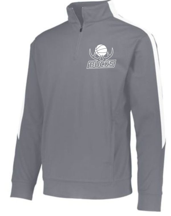 Gray quarter-zip sweatshirt featuring a white Buckner Basketball Augusta 4386 Pullover logo on the left chest and a white stripe on the right sleeve.