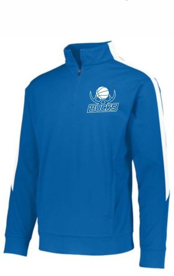 Blue Buckner Basketball Augusta 4386 quarter-zip pullover jacket with white side stripes and the logo "bucks" featuring a stylized basketball and antlers on the left chest.