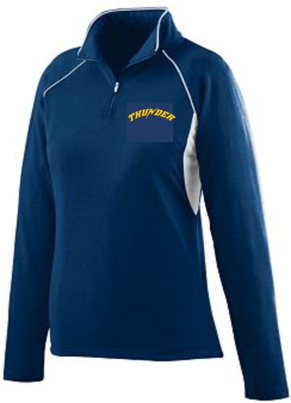 Thunder Baseball Womens 1/4 zip Pullover Augusta 4710 with a white and gray accent on the side and a "thunder" logo on the chest, featuring a zip-up collar.