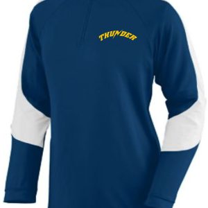 Blue and white Thunder Baseball Womens 1/4 zip pullover with the word "thunder" printed in yellow on the chest.