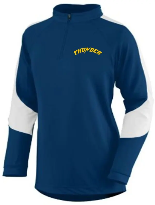 Blue and white Thunder Baseball Womens 1/4 zip pullover with the word "thunder" printed in yellow on the chest.