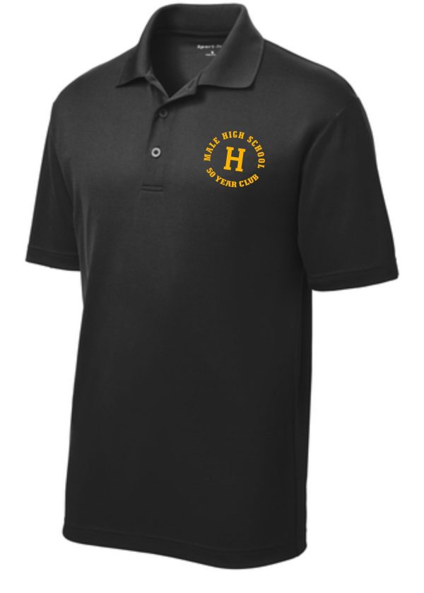 Black polo shirt with Male High School logo.