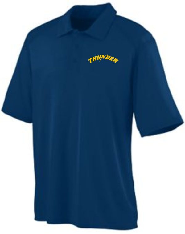 Thunder Baseball Mens Polo Augusta 5001 with the word "thunder" embroidered in yellow on the left chest area.