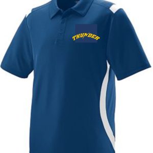 Blue Thunder Baseball Mens Polo Augusta 5015 with white side stripes and a "thunder" logo on the left chest.