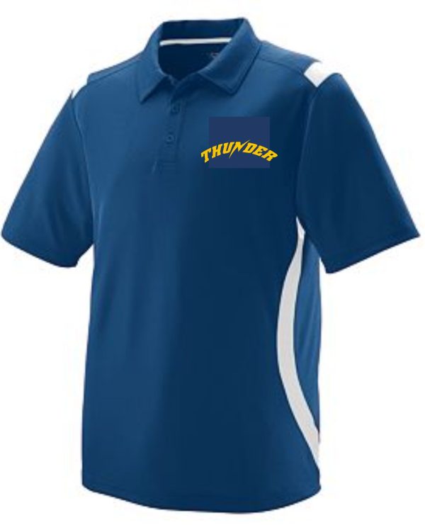 Blue Thunder Baseball Mens Polo Augusta 5015 with white side stripes and a "thunder" logo on the left chest.