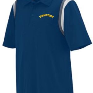 Blue and gray Thunder Baseball Mens Polo Augusta 5047 with the word "thunder" printed in yellow on the front.